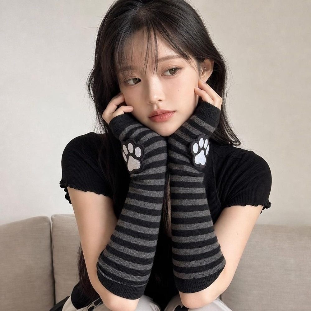 Cute Cat Claw Striped Pattern  - Fingerless Glove Knit 评论和价格