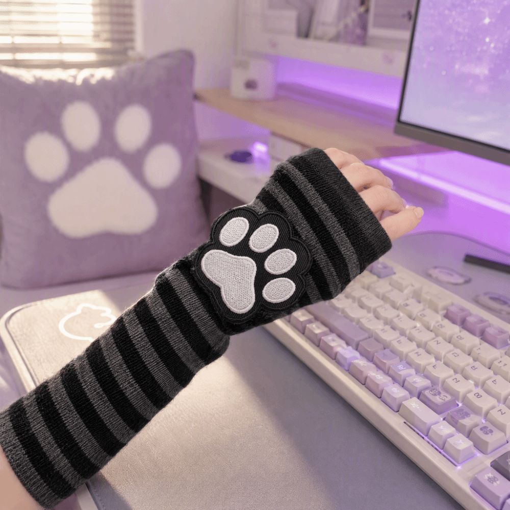 Cute Cat Claw Striped Pattern  - Fingerless Glove Knit 评论和价格